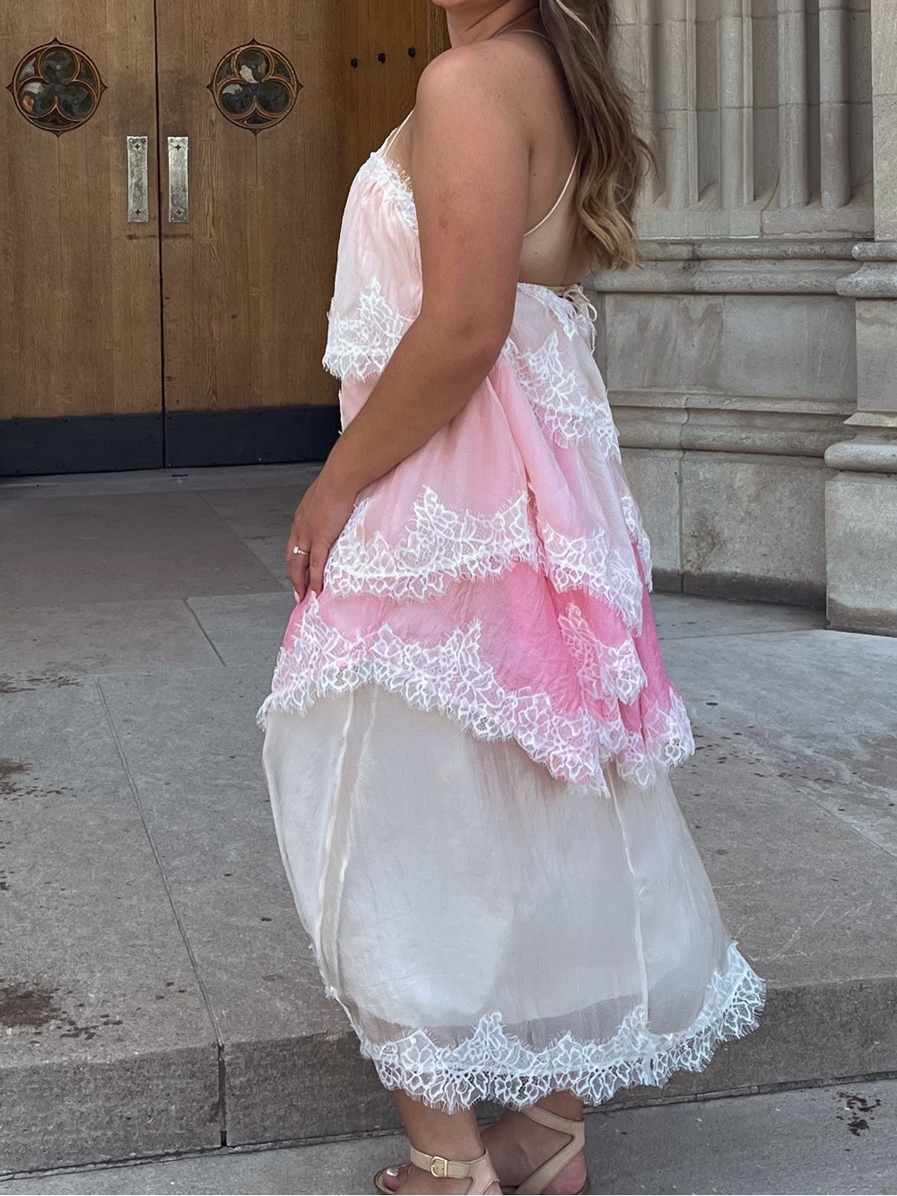 Sheer Layered Lace Maxi Dress in Ivory and Blush - Picture 3 of 3